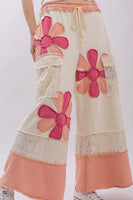 BlueVelvet Flower Patched Color Blocked Wide Leg Pants in White-Pink