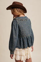 Listicle Ditsy Floral Print Denim Tie Front Jacket in Amber Blue