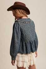 Load image into Gallery viewer, Listicle Ditsy Floral Print Denim Tie Front Jacket in Amber Blue
