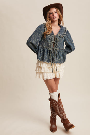 Listicle Ditsy Floral Print Denim Tie Front Jacket in Amber Blue