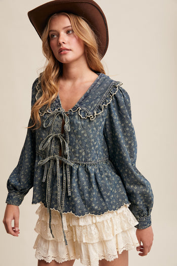 Listicle Ditsy Floral Print Denim Tie Front Jacket in Amber Blue