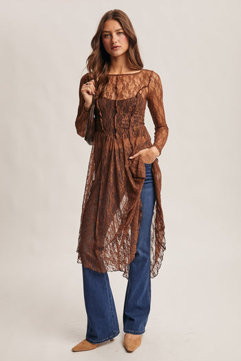 Forte Sheer Floral Lace Layering Dress in Mocha
