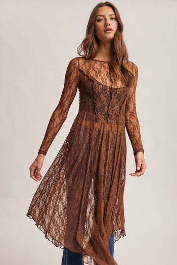 Forte Sheer Floral Lace Layering Dress in Mocha