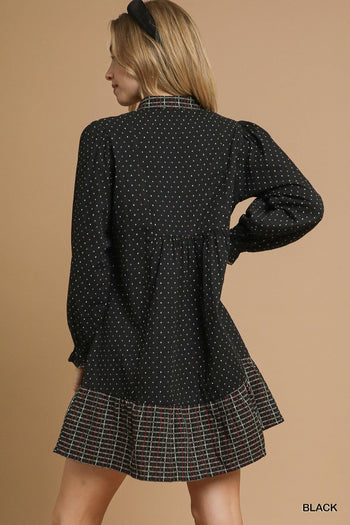 Umgee Polka Dot Plaid Trim Babydoll Dress in Black