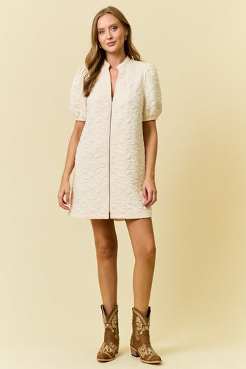 Doe & Rae Quilted Floral Jacquard Mini Dress in Ivory