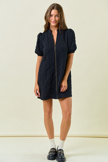 Doe & Rae Quilted Floral Jacquard Mini Dress in Black