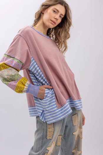BlueVelvet Mixed Striped and Contrasting Print Top in Pink Multi
