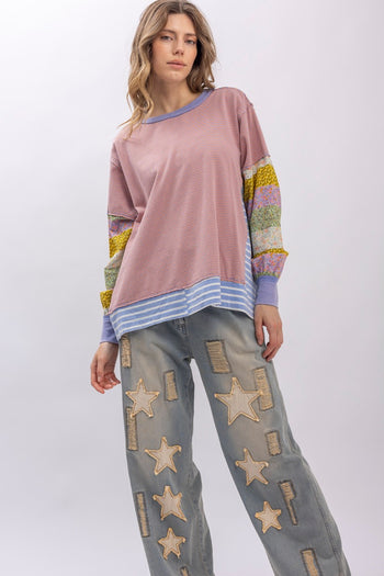 BlueVelvet Mixed Striped and Contrasting Print Top in Pink Multi