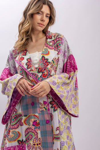 BlueVelvet Multi Print Mixed Patchwork Jacket in Magenta Multi