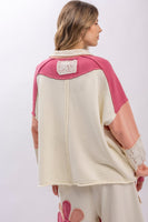 BlueVelvet Collared V Neck Flower Patched Top in White-Pink