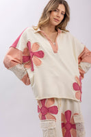 BlueVelvet Collared V Neck Flower Patched Top in White-Pink