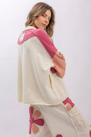 BlueVelvet Collared V Neck Flower Patched Top in White-Pink