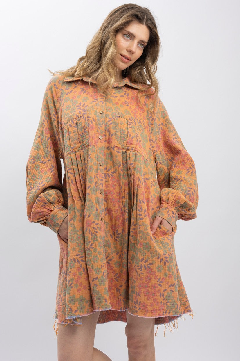 BlueVelvet Floral Print Cotton Gauze Mini Dress in Peach