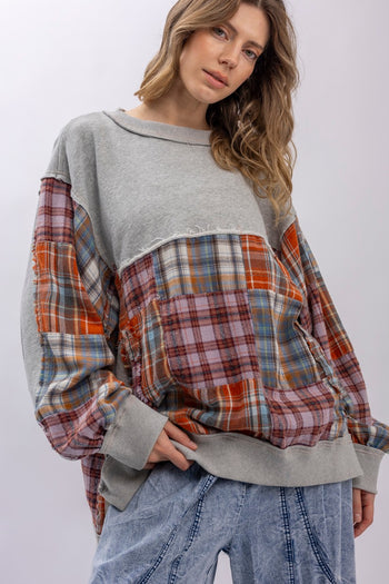 BlueVelvet Plaid Block Patchwork Mix Oversized Top in Grey Multi