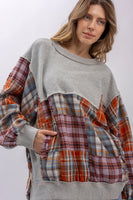 BlueVelvet Plaid Block Patchwork Mix Oversized Top in Grey Multi