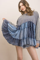 BlueVelvet Chambray Patchwork Tiered Babydoll Top in Slate Blue