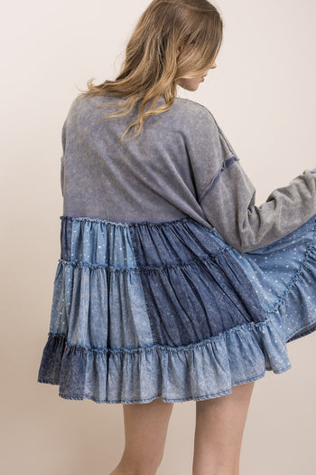 BlueVelvet Chambray Patchwork Tiered Babydoll Top in Slate Blue
