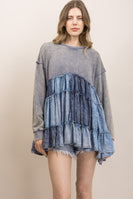 BlueVelvet Chambray Patchwork Tiered Babydoll Top in Slate Blue