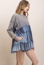 Load image into Gallery viewer, BlueVelvet Chambray Patchwork Tiered Babydoll Top in Slate Blue
