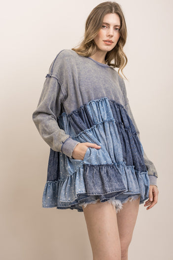 BlueVelvet Chambray Patchwork Tiered Babydoll Top in Slate Blue