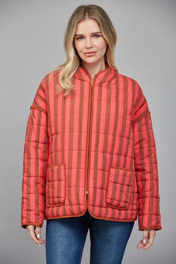 FATE Contrasting Color Striped Quilted Jacket in Coral Brown