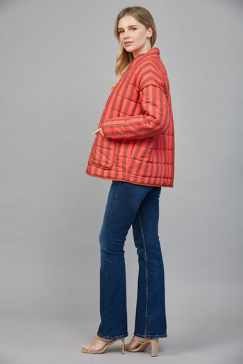 FATE Contrasting Color Striped Quilted Jacket in Coral Brown