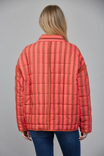FATE Contrasting Color Striped Quilted Jacket in Coral Brown