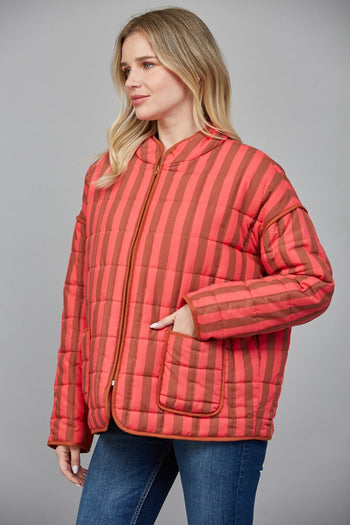 FATE Contrasting Color Striped Quilted Jacket in Coral Brown