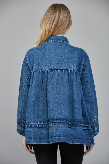 FATE Washed Denim Pleated Detailed Jacket in Dark Denim