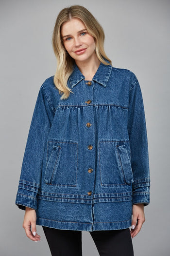 FATE Washed Denim Pleated Detailed Jacket in Dark Denim