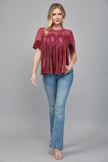 FATE Lace Detail Velvet Baby Doll Top in Wood Rose