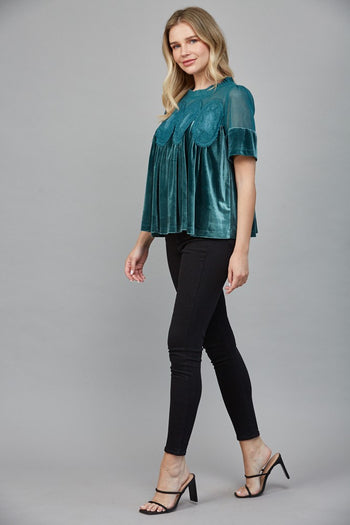 FATE Lace Detail Velvet Baby Doll Top in Teal Green