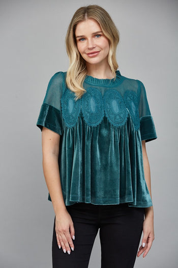 FATE Lace Detail Velvet Baby Doll Top in Teal Green
