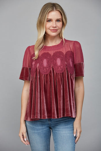 FATE Lace Detail Velvet Baby Doll Top in Wood Rose