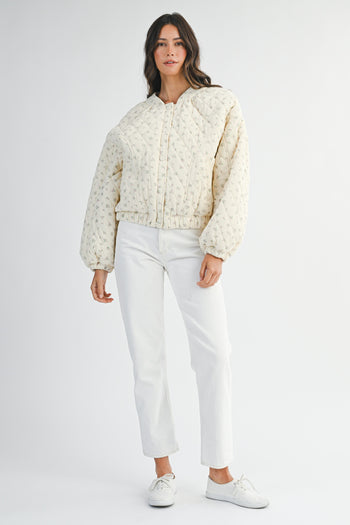 MABLE Quilted Floral Print CROPPED Bomber Jacket in Cream