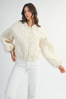 MABLE Quilted Floral Print CROPPED Bomber Jacket in Cream