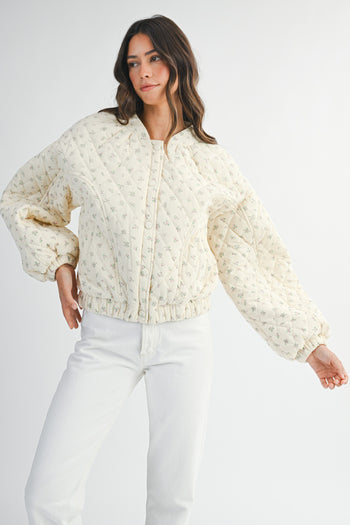 MABLE Quilted Floral Print CROPPED Bomber Jacket in Cream