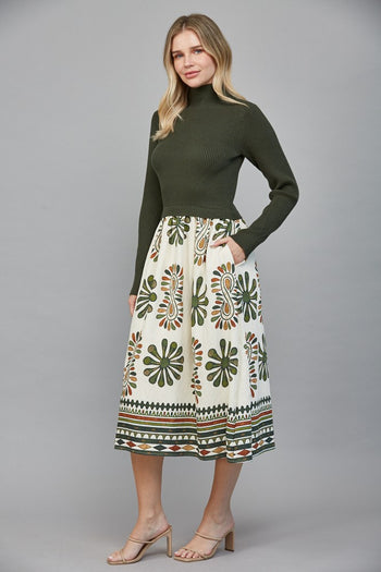 FATE Ribbed Knit Top and Print Skirt Maxi Dress in Olive