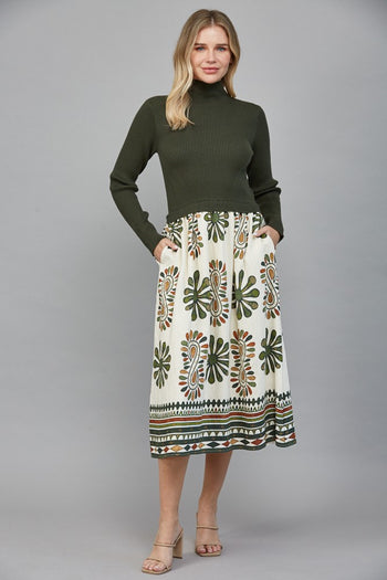 FATE Ribbed Knit Top and Print Skirt Maxi Dress in Olive