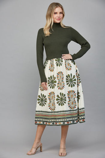 FATE Ribbed Knit Top and Print Skirt Maxi Dress in Olive