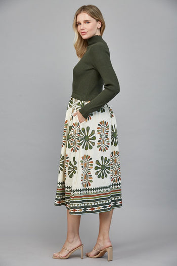 FATE Ribbed Knit Top and Print Skirt Maxi Dress in Olive
