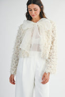 MABLE Textured Lace Cardigan with Organza Bow in Cream