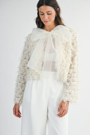MABLE Textured Lace Cardigan with Organza Bow in Cream