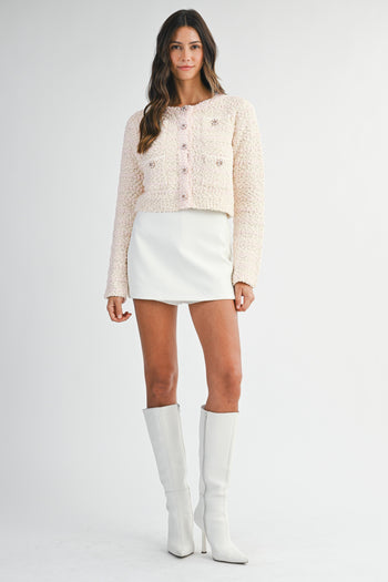 MABLE Boucle Knit and Sequin CROPPED Cardigan in Light Pink