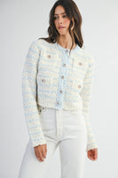MABLE Boucle Knit and Sequin CROPPED Cardigan in Light Blue