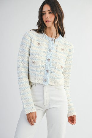 MABLE Boucle Knit and Sequin CROPPED Cardigan in Light Blue