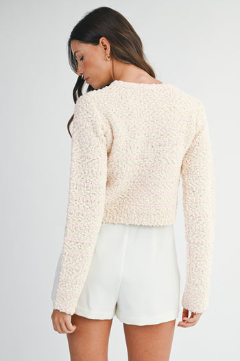 MABLE Boucle Knit and Sequin CROPPED Cardigan in Light Pink