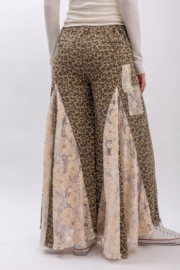 BlueVelvet Leopard Denim with Floral Lace and Mesh Panel Jeans in Taupe Grey Leopard