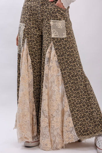 BlueVelvet Leopard Denim with Floral Lace and Mesh Panel Jeans in Taupe Grey Leopard