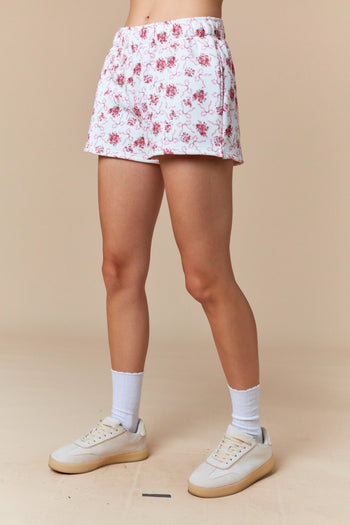 Peach Love Floral and Bow Print Terry Knit Shorts in Off White/Pink